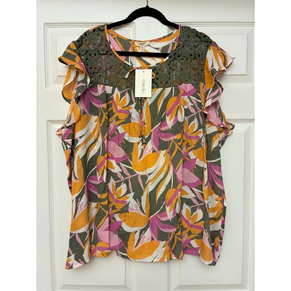 Como Blu Floral Blouse 3X Plus Ruffle Sleeve Crochet Yoke Top NWT